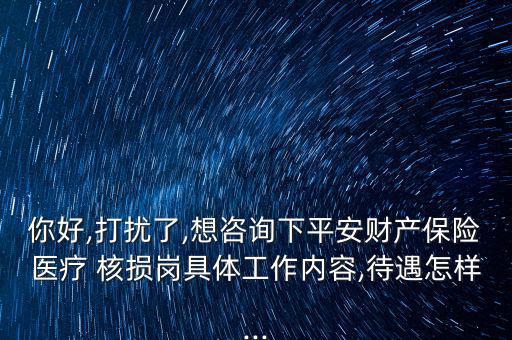 你好,打擾了,想咨詢下平安財產保險醫(yī)療 核損崗具體工作內容,待遇怎樣...