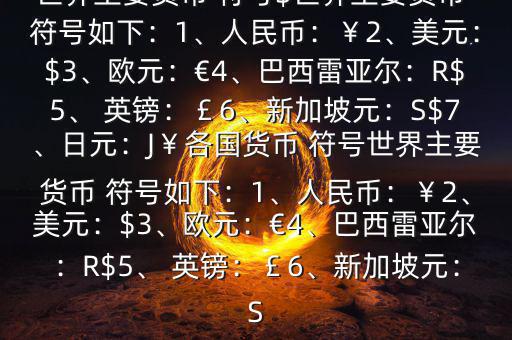 世界主要貨幣 符號$世界主要貨幣 符號如下：1、人民幣：￥2、美元：$3、歐元：€4、巴西雷亞爾：R$5、 英鎊：￡6、新加坡元：S$7、日元：J￥各國貨幣 符號世界主要貨幣 符號如下：1、人民幣：￥2、美元：$3、歐元：€4、巴西雷亞爾：R$5、 英鎊：￡6、新加坡元：S